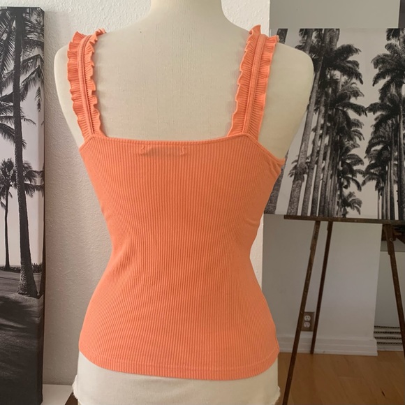 Pink MStyle Peachy orange ribbed tank top with ruffled shoulder straps. - Picture 5 of 12